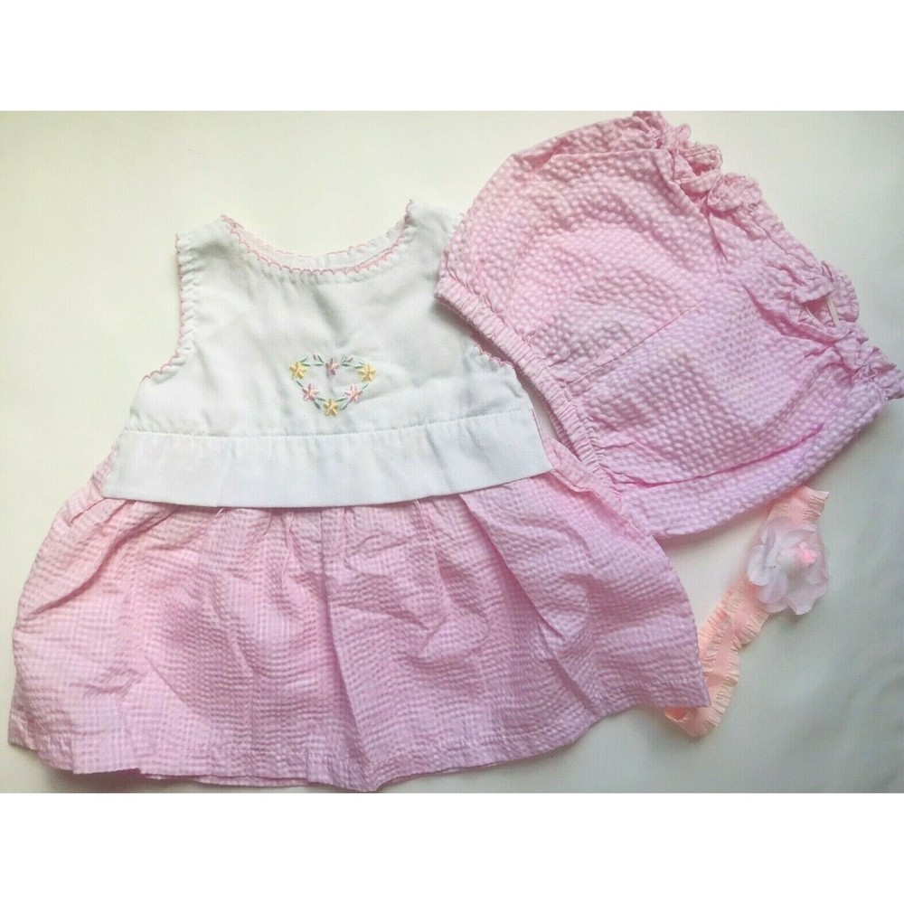 Girl's Size 6M 3-6 Months 3 Pc Pink Floral Heart Dress, Bloomers, Headband